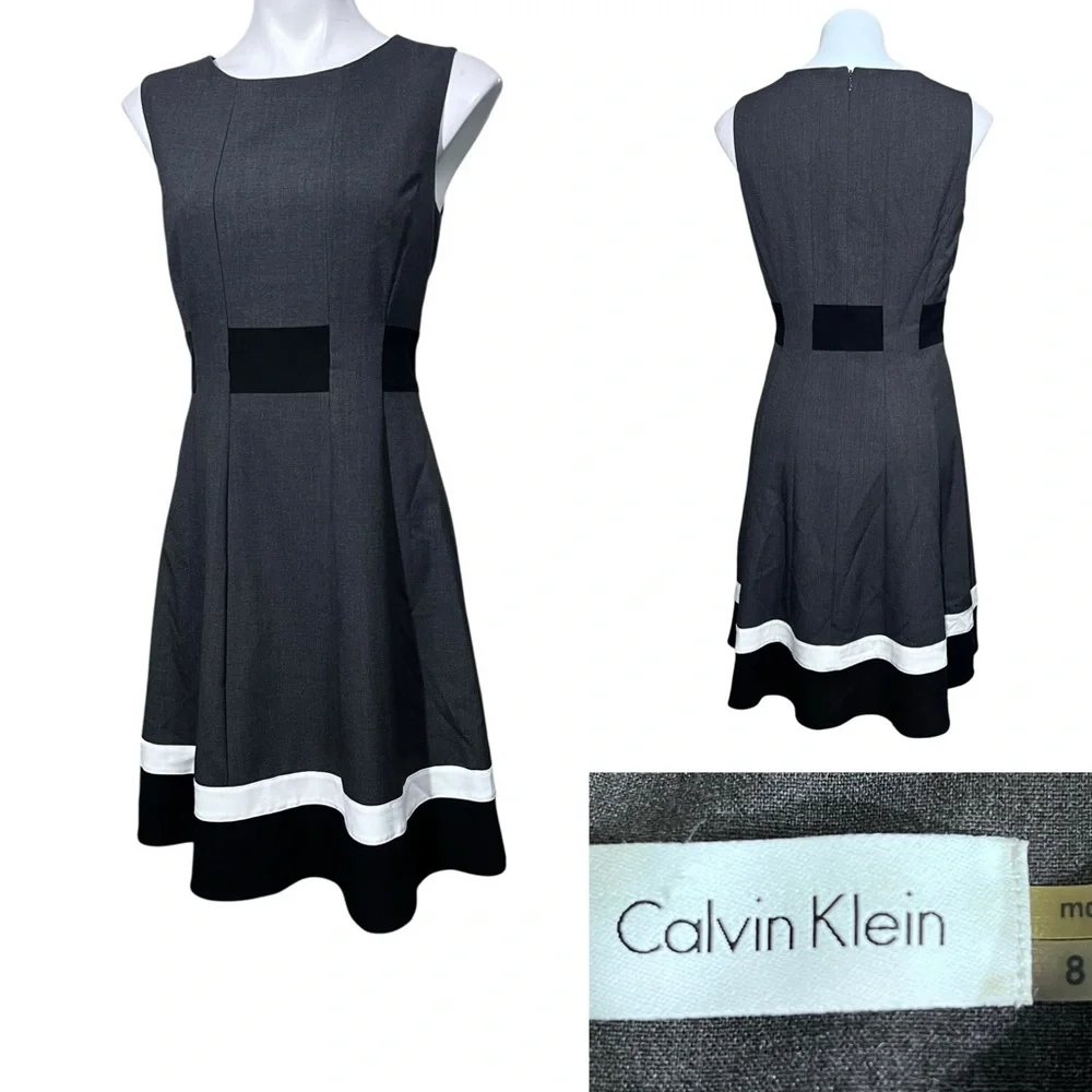 Calvin Klein dress sz 8 gray/White A-line knee length office church - Picture 1 of 6